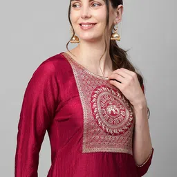 Indo Era Women Maroon & Gold-Toned Yoke Design Thread Work Kurta image 3