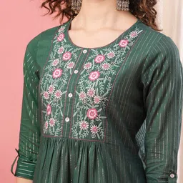 Globus Green Floral Embroidered Roll Up Sleeves A-Line Kurta image 5