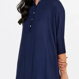 Global Desi Mandarin Collar Asymmetric Hem A-Line Kurta image 2