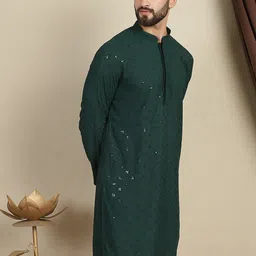 Anouk Green Geometric Embroidered Mandarin Collar Long Sleeves Sequinned Cotton Kurta image 2