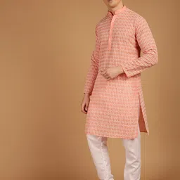 SOJANYA Ethnic Motif Embroidered Band Collar Pure Cotton Kurta image 3