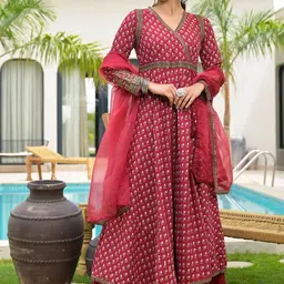 Divena Printed Flared Sleeves Thread Work Floral Anarkali Kurta image 3