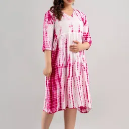 CELEBRAVO Tie & Dye Dyed V-Neck Pleated Maternity Fit & Flare Midi Dress image 3