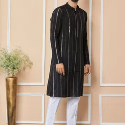 See Designs Striped Mandarin Collar Thread Work Chanderi Silk Kurta image 2