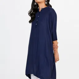 Global Desi Mandarin Collar Asymmetric Hem A-Line Kurta image 3