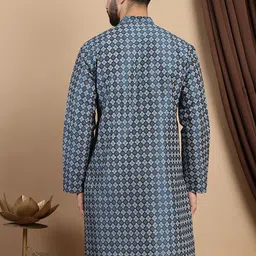 Anouk Teal Blue Geometric Printed Mandarin Collar Kurta image 3