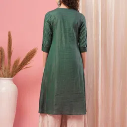 Globus Green Floral Embroidered Roll Up Sleeves A-Line Kurta image 3
