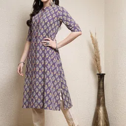 Stylum Purple Floral Printed Mandarin Collar Roll-Up Sleeves A-Line Kurta image 4