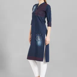Kvsfab Mandarin Collar Thread Work Denim Straight Cotton Kurta image 4
