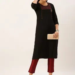 SHOWOFF Floral Yoke Design Thread Work Cotton Straight Kurta image 5