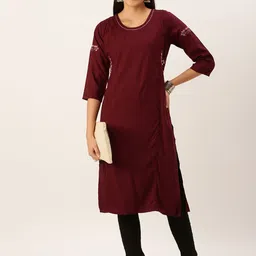 SHOWOFF Women Magenta & Multicoloured Thread Work Floral Kurta image 5