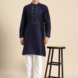 Anouk Navy Blue Mirror Embellished Silk Cotton Kurta image 3