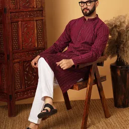 HERE&NOW Striped Mandarin Collar Thread Work Straight Kurta image 4