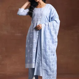 Libas woven design Round Neck Three-Quarter Sleeves Pure Cotton Kurta Set image 4