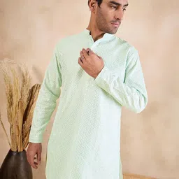 Anouk Sea Green Mandarin Collar Sequined Chikankari Straight Kurta image 4