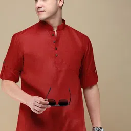 Anouk Mandarin Collar Roll-Up Sleeves Cotton Straight Short Kurta image 5