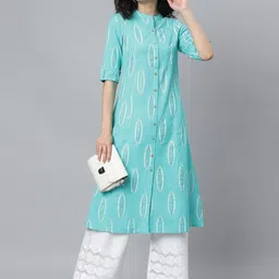Stylum Women Turquoise Blue Geometric Printed Thread Work Kurta image 5