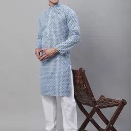 SOJANYA Men Geometric Printed Cotton Linen Kurta image 3
