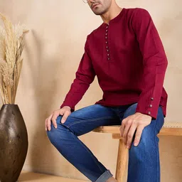 Anouk Maroon Mandarin Collar Pure Cotton Straight Kurta image 3