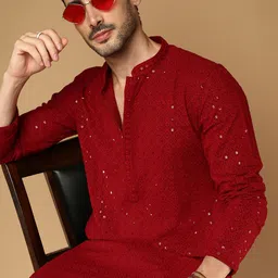 Sangria Maroon Chikankari Mandarin Collar Sequinned Cotton Straight Kurta-picture-33