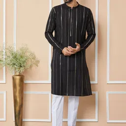 See Designs Striped Mandarin Collar Thread Work Chanderi Silk Kurta image 4