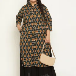 Sringam Plus Size Ethnic Motifs Printed Mandarin Collar Cotton Kurta image 5