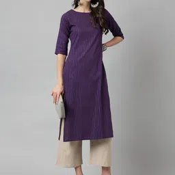 KALINI Striped Round Neck Regular Straight Kurta image 3