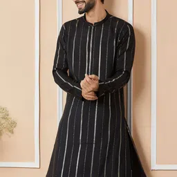 See Designs Striped Mandarin Collar Thread Work Chanderi Silk Kurta image 5