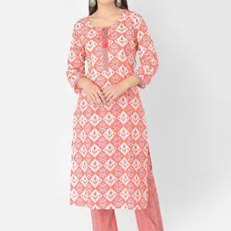 Pistaa Women Peach-Coloured Ethnic Motifs Printed Pure Cotton Kurta Set image 5