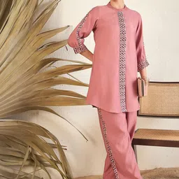 Indo Era Pink Floral Printed Above Knee Shirt Collar Straight Kurta With Trouser image 4