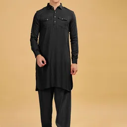 Anouk Shirt Collar Regular Pure Cotton Pathani Kurta With Pyjamas image 4