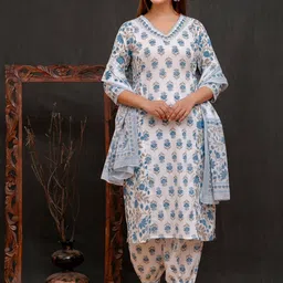 D K W Floral Printed Regular Pure Cotton Straight Kurta With Salwar & Dupatta image 1