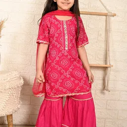 here&now x kinder kids Kinder Kids Girls Bandhani Printed Straight Pure Cotton Kurta with Sharara image 1