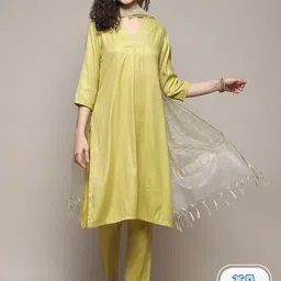 Biba Floral Embroidered Straight Kurta & Trousers With Dupatta image 1