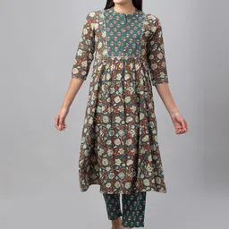 Globus Women Floral Printed Mirror Work Pure Cotton Kurta with Trousers image 1