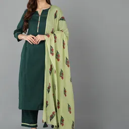 AHIKA Notched Neck Straight Pure Cotton Kurta with Trousers & Dupatta image 1