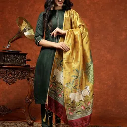 KALINI Boat Neck A-Line Gotta Patti Kurta with Trousers & Dupatta image 1