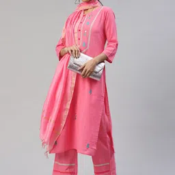 IRIDAA JAIPUR Women Pink Floral Embroidered Panelled Pure Cotton Kurti with Trousers & With Dupatta image 1