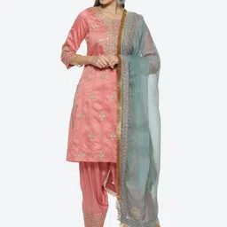 Biba Ethnic Motifs Embroidered Chanderi Cotton Kurta With Trousers & Dupatta image 1
