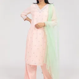 KASYA Floral Embroidered Regular Kurta With Palazzos & Dupatta image 1