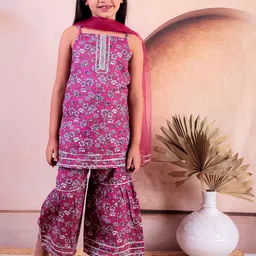 JUNITOS Girls Floral Printed Pure Cotton Straight Kurta With Sharara & Dupatta image 1