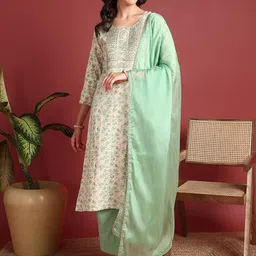 AHIKA Green Printed Round Neck Regular Kurta With Trousers & Dupatta image 1