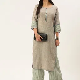 VAABA Women Beige & Green Self Design Kurta with Striped Palazzos-picture-30