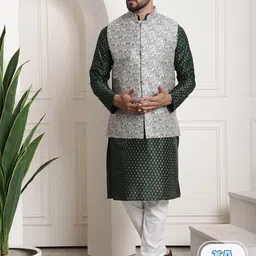SOJANYA Ethnic Motifs Printed Regular Kurta With Pyjamas & Nehru Jacket-picture-6
