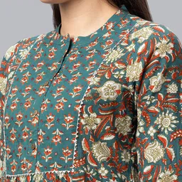 Globus Women Floral Printed Mirror Work Pure Cotton Kurta with Trousers image 2