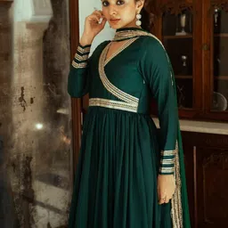 Lavanya The Label Women Green Embroidered Anarkali Kurta with Churidar & With Dupatta image 2