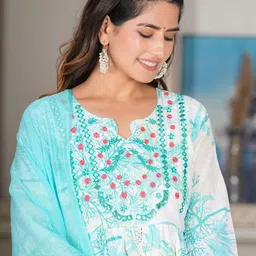 KALINI Women Floral Printed Regular Pure Cotton Kurta with Trousers & With Dupatta image 2