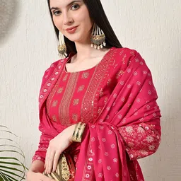 VIDHANI Women Floral Printed Panelled Sequinned Kurta with Trousers & With Dupatta image 2