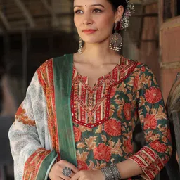 Rain & Rainbow Printed Notch Neck Pure Cotton Straight Kurta With Trousers & Dupatta image 2