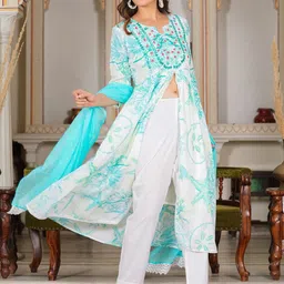 KALINI Women Floral Printed Regular Pure Cotton Kurta with Trousers & With Dupatta image 3